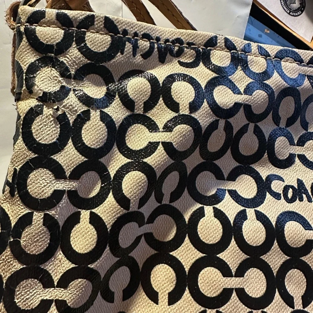 Coach Op Art 'Leah' Coated Canvas Hobo Black Off-White Natural Leather Trim‎ Bag